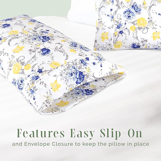Elegant Comfort Ultra Soft Set of 2 Floral Print Pillowcases - 1500 Premium Hotel Quality Microfiber, Soft and Smooth Envelope Closure 2-Piece Pillow Covers - Standard/Queen, Gold Jenna