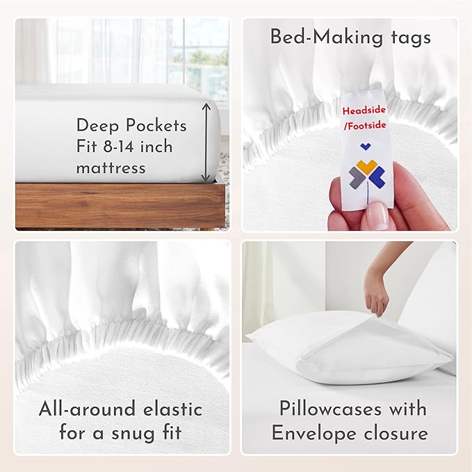 California Design Den Natural 100% Cotton Sheets Full Size Bed Set with Deep Pockets - Soft Sateen Weave, Durable Full Size Bed Sheets (White)