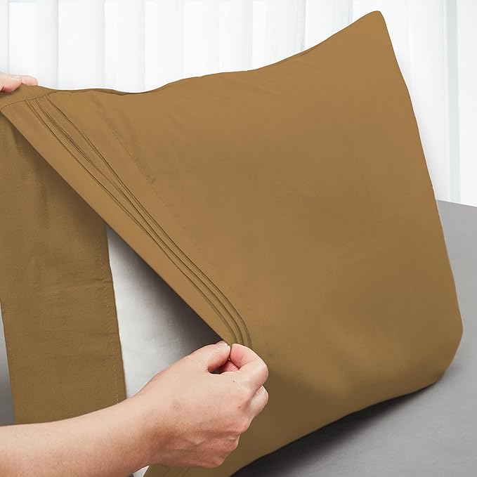 Mocassi 2-Piece Premium King Pillowcase Set 1800 Series Hotel Quality Microfiber - Soft and Breathable with 3-Line Embroidery Wrinkle and Stain Resistant, Easy Care, 20" x 40", Bronze