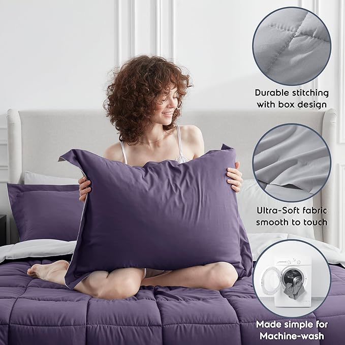 Nestl 9 Piece Queen Comforter Set – Purple Reversible Bed in a Bag – Complete Queen Size Bedding Set with Sheets, Set of 2 Down Alternative Pillows, Pillowcases and Shams