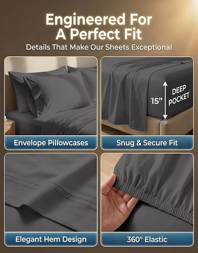 LANE LINEN California King Sheet Sets - 600 Thread Count Premium Sateen Weave - 100% Cotton Sheets for Hotel Quality Softness - 15'' Deep Pocket for Snug Fit to Your Mattress - Charcoal