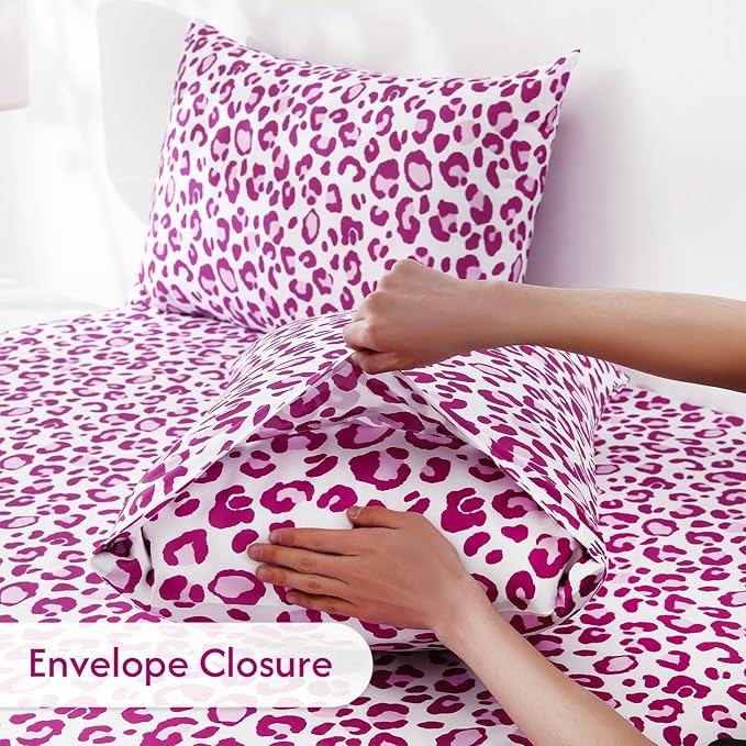Full Size Sheets Set, Leopard 4-Piece Brushed Microfiber Sheets, Cooling Bed Sheet Set, Soft & Breathable, 16' Deep Pocket Fitted Sheet & Pillowcase Set, Pink Leopard