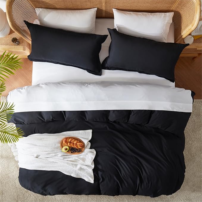 Nestl Full Duvet Cover Set with Comforter Insert - Black 4 Piece 80x90 Duvet Cover & 2 Pillow Shams with White Quilted Down Alternative Comforter, Ultra Soft, All Season