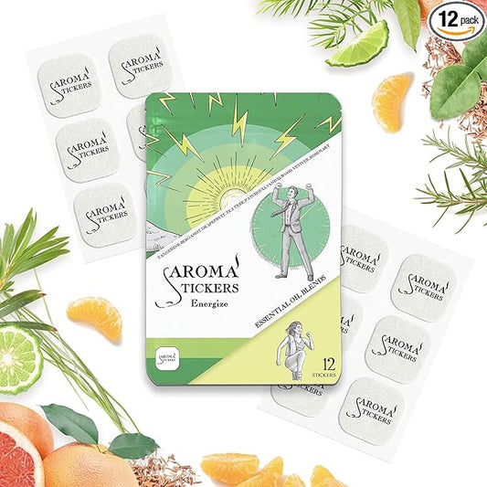 AROMA STICKERS® Original Blend Energize - 100% Natural Essential Oil Scented - Diffuser Sticker - Aromatherapy Stickers for Personal Space - Towels, Face Mask & Pillow - (Pack of 1, 12 Stickers)