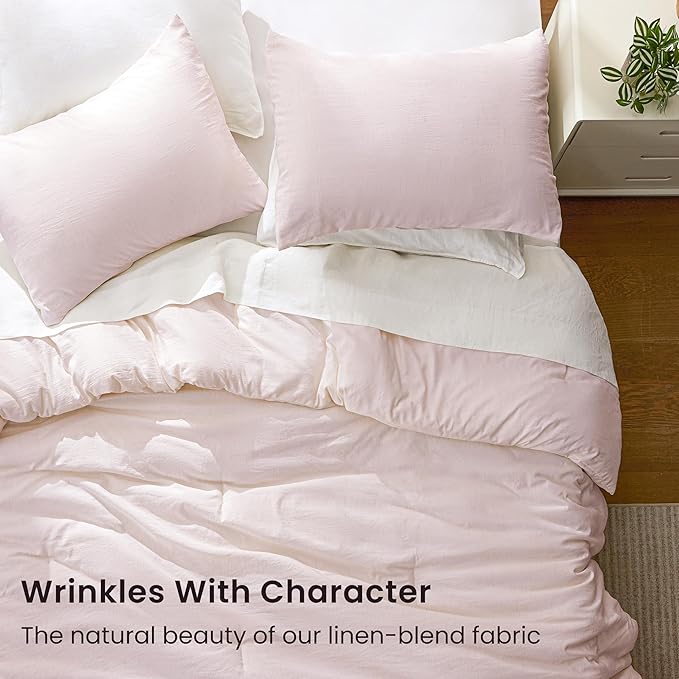 Love's cabin King Size Comforter Set Pink, 3-Piece 90% Polyester 10% Linen Blend Bedding Set, Linen-Look Textured Stripe, Down Alternative All-Season Comforter with Pillow Shams | Soft, Breathable, Lightweight