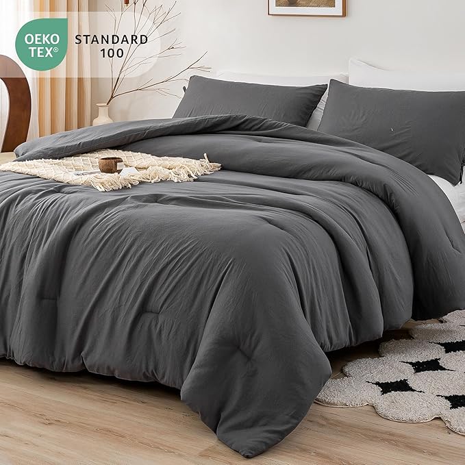 Softness Cal King Comforter Set - Cozy Polycotton Fabric - Fluffy Down Alternative Comforter California King Size with 2 Pillowcase - Lightweight but Warm Bed Blanket All Season - Dark Gray