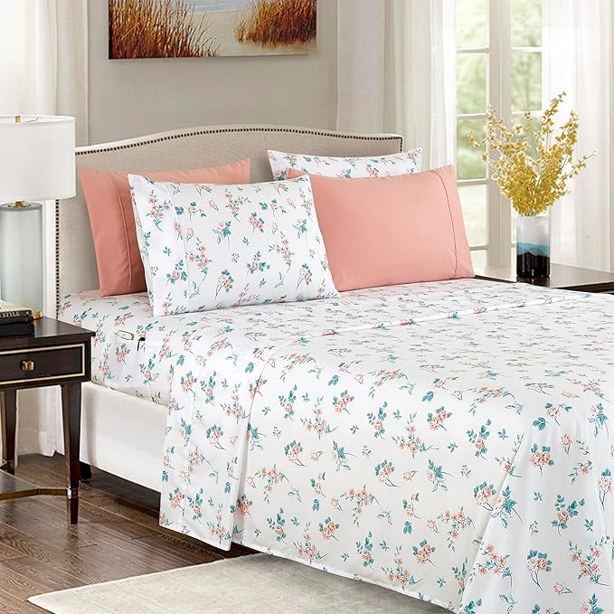 Elegant Comfort Softest and Coziest 4-Piece Sheet Set - 1500 Premium Hotel Quality Microfiber - Deep Pocket, Wrinkle Resistant 4-Piece Floral Bed Sheet Set, Twin XL, Celia Pink