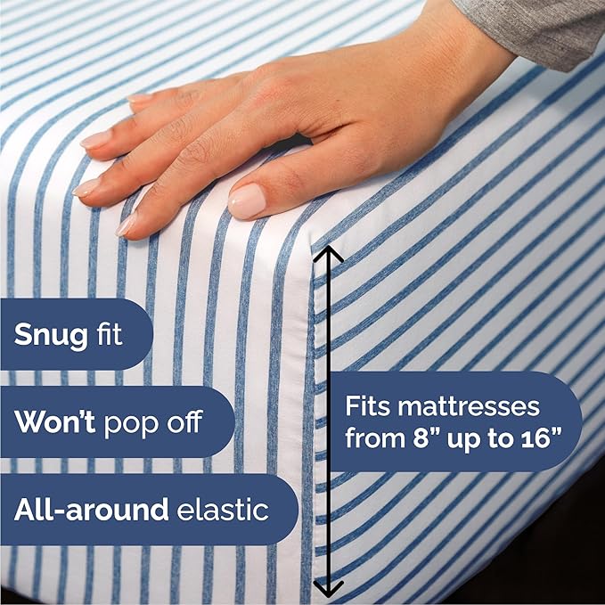 Queen Size 4 Piece Sheet Set - Comfy Breathable & Cooling Sheets - Hotel Luxury Bed Sheets for Women & Men - Deep Pockets, Easy-Fit, Soft & Wrinkle Free Sheets - Blue Stripes Oeko-Tex Bed Sheet Set