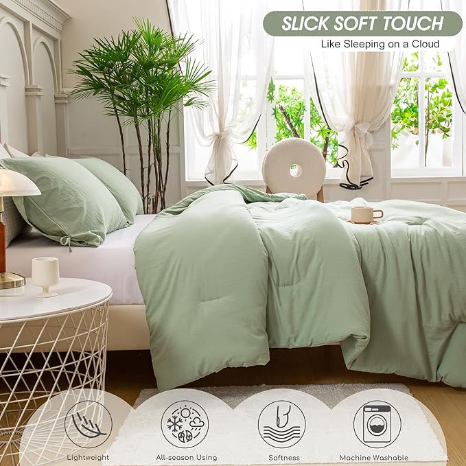 Ultra-Soft Queen Size Comforter Sets - Comfy Cozy Washed Polycotton - 3 Piece Comfort Fluffy Bed Blanket Down Alternative Comforter & Pillowcase - Lightweight but Warm All Season, Sage Green