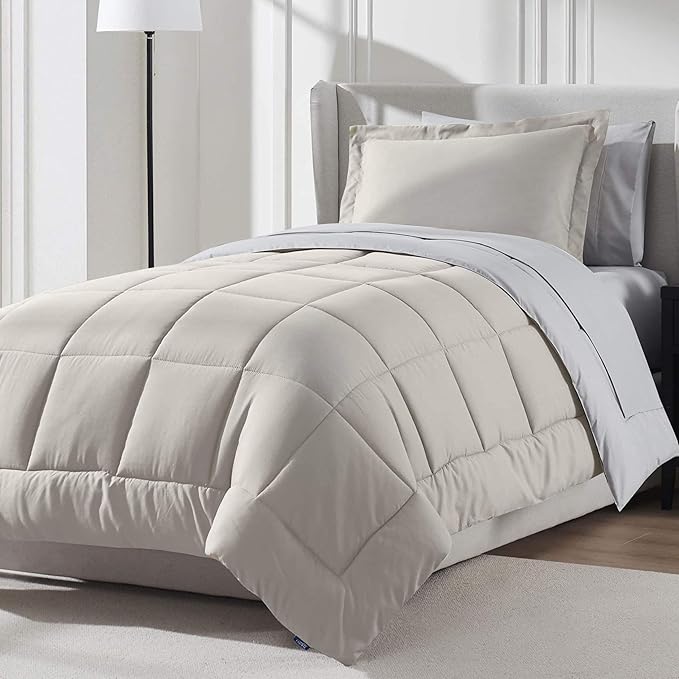Nestl 7 Piece Twin Comforter Set – Beige Reversible Bed in a Bag – Complete Twin Size Bedding Set with Sheets, Set of 2 Down Alternative Pillows, Pillowcase and Sham
