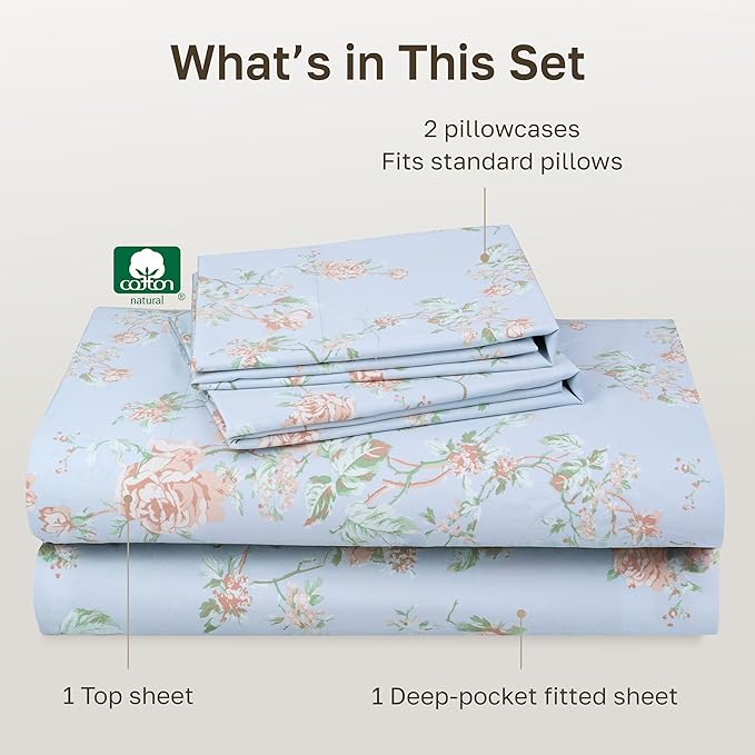 California Design Den Soft Cotton Bed Sheets Full Size Set, 400 TC Good Housekeeping Award Winner, Smooth Sateen Finish with Deep Pockets, Cozy and Durable Full Bedding Set - Floral Blue/Pink