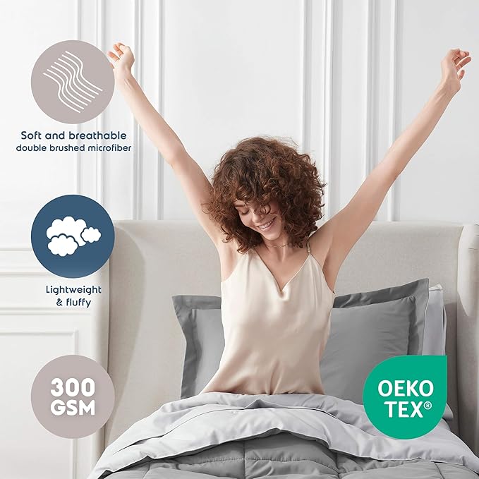Nestl 7 Piece Twin Comforter Set – Grey Reversible Bed in a Bag – Complete Twin Size Bedding Set with Sheets, Set of 2 Down Alternative Pillows, Pillowcase and Sham