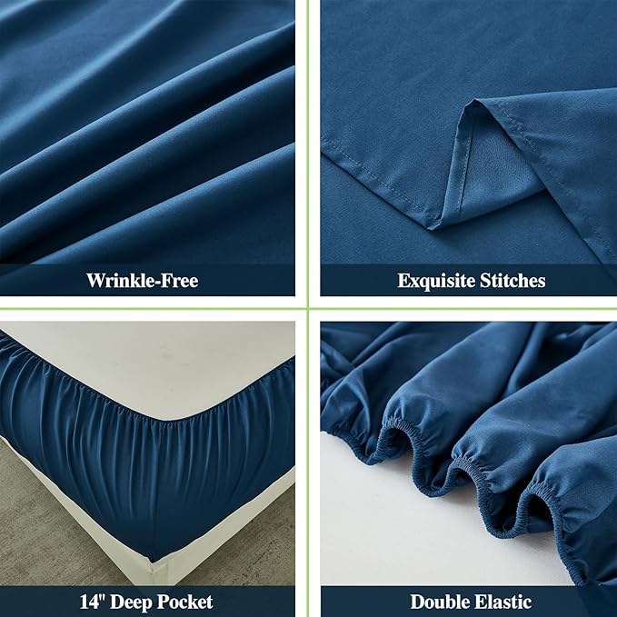 ILAVANDE Navy Queen Sheets Set 4 Piece, Hotel Luxury Super Soft 1800 Series Microfiber Navy Blue Bed Sheets Set-Wrinkle Free & Breathable-14 Deep Pocket Sheets for Queen Size Bed(Queen,Navy Blue)