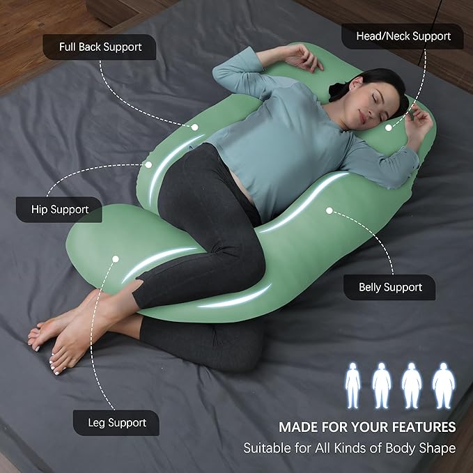 MOON PARK Pregnancy Pillows for Sleeping - U Shaped Full Body Maternity Pillow with Removable Cover - Support for Back, Legs, Belly, Hips - 57 Inch - Green - Cooling Cover