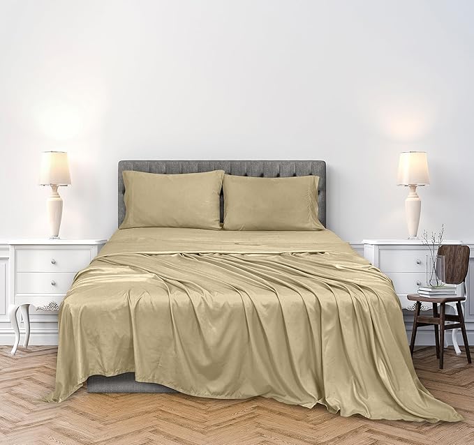 ROYALE LINENS 300 Thread Count 100% Long Staple Combed Cotton Sheet Set - 4 Piece King Bed Sheets - 1 Fitted, 1 Flat & 2 Pillow Cases - Soft Cool & Crisp Sheet Set (King, Beige)
