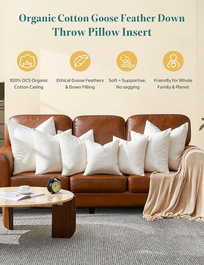 APSMILE Organic Cotton Goose Feather Down Plus Throw Pillow Inserts, 18x18 Inch Set of 2, Soft Supportive Square Decorative Pillow Forms for Couch, Sofa, Bed