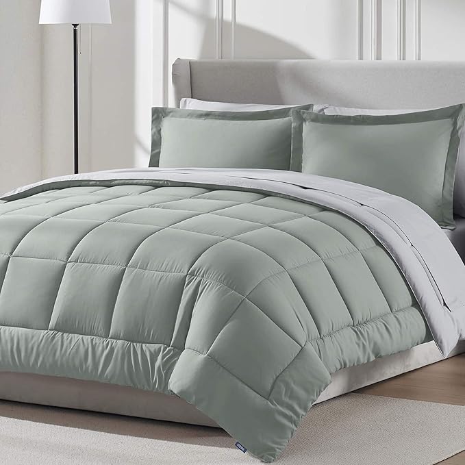 Nestl 9 Piece Queen Comforter Set – Sage Green Reversible Bed in a Bag – Complete Queen Size Bedding Set with Sheets, Set of 2 Down Alternative Pillows, Pillowcases and Shams