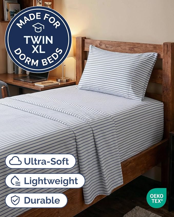 Extra Deep Twin XL Sheet Set - 3 Piece Breathable & Cooling Bed Sheets - Easily Fits 18 to 24 inch Mattress - Soft, Wrinkle & Fade Free w/ Extra Deep Pockets - Hotel Luxury Bedding - Blue Stripes 2