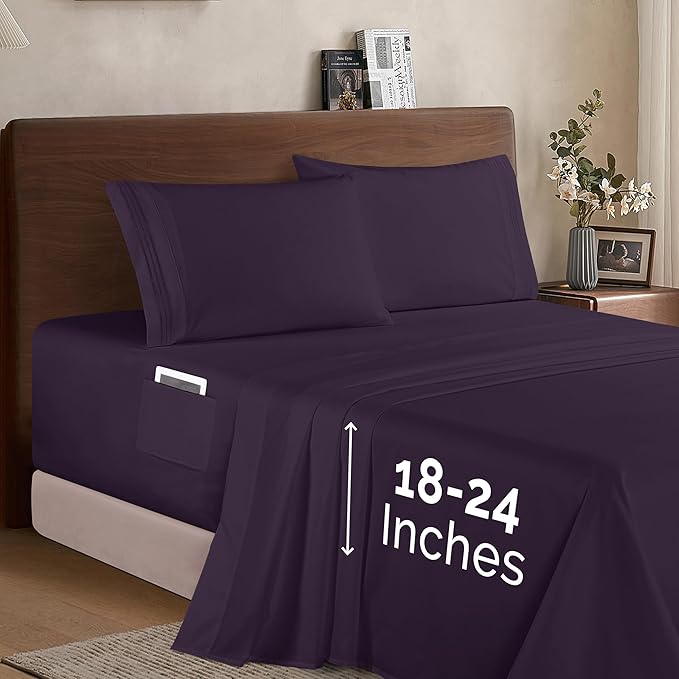 Elegant Comfort Luxury 1500 Premium Hotel Quality Microfiber 4-Piece Sheet Set - Soft, All Around Elastic 18-24 Inches Deep Fitted Sheet - Extra Deep Pocket Sheets, Twin/Twin XL, Eggplant-Purple