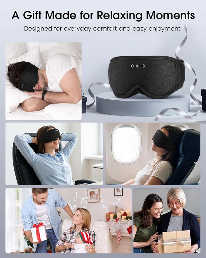 MUSICOZY Sleep Mask with Bluetooth Headphones, 3D Wireless Sleeping Eye Masks, Bluetooth Eye Masks 14-Hour Playtime, Ultra-Soft Breathable, Perfect for Side Sleepers, Women Men(Classic Black)