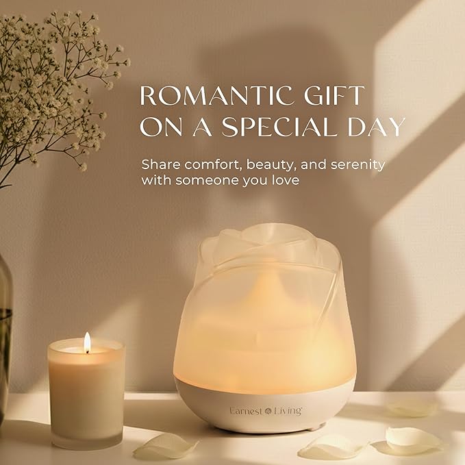 Earnest Living Rose Essential Oil Diffuser 150ml – Mini Ultrasonic Aromatherapy Humidifier for Bedroom & Desk, Quiet Mist, USB Powered, 7-Color Night Light, for Women, Frosted White