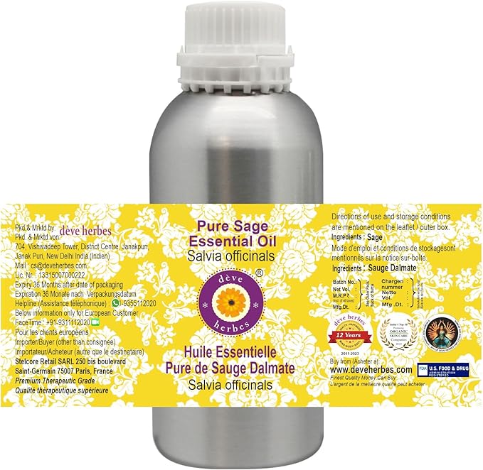 Deve Herbes Pure Sage Essential Oil (Salvia officinalis) Steam Distilled 630ml (21 oz)