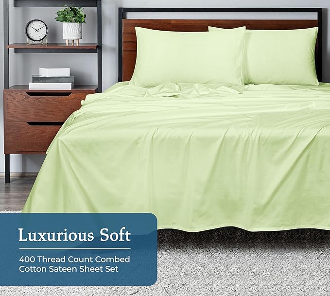 Royale Linen 400 Thread Count 100% American Grown Cotton 4 Piece Sateen Queen Sheet Set - 1 Fitted Sheet, 1 Flat Sheet, 2 Pillow case - Green Queen Bedsheet - Cotton Sheets - (Queen, Florentine Sage)