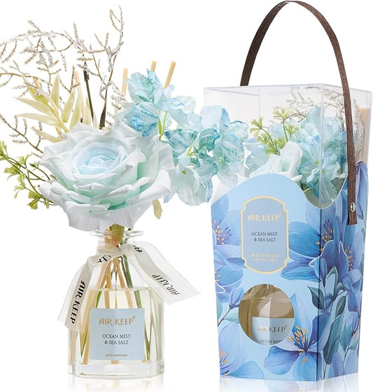 Airkeep Flower Reed Diffuser Set, Ocean Mist&Sea Salt Diffuser Gift Set,4.06 fl oz Essential Oil Sticks Diffusers for Bathroom Air Freshener, Aromatherapy Home Fragrance Shelf Decor, Gift for Women