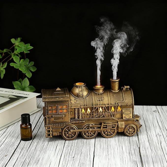 Train Diffuser, Train-Shaped Essential Oil Diffuser, Cool Mist Humidifier, Dual-Color LED Night Light, 300ml Capacity with Dual Mist Modes, Home Decor with 2-8Hour Timer (Bronze)
