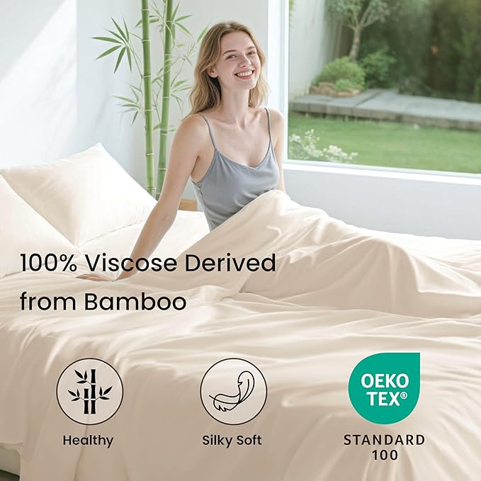Love's cabin 3 Piece Twin Sheet Set, 100% Rayon Derived from Bamboo, Cooling & Breathable, Soft Silky Deep Pocket up to 16", Hotel Luxury Bedding for Hot Sleepers, Beige