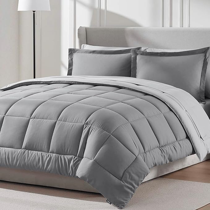 Nestl 9 Piece Queen Comforter Set – Grey Reversible Bed in a Bag – Complete Queen Size Bedding Set with Sheets, Set of 2 Cooling Pillows, Pillowcases and Shams