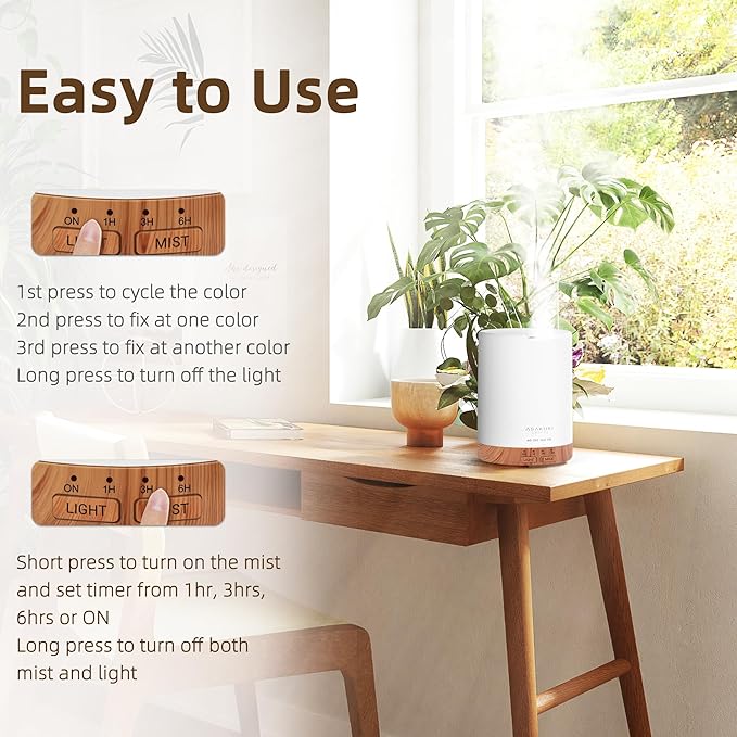 ASAKUKI Essential Oil Diffuser for Home, 300 ml Aromatherapy Diffuser with 6 Essential Oil Sets, Automatic Shut-Off, 7 LED Lights for Living Room, Bedroom, Hotel, Gift for Mom - Brown with Oils