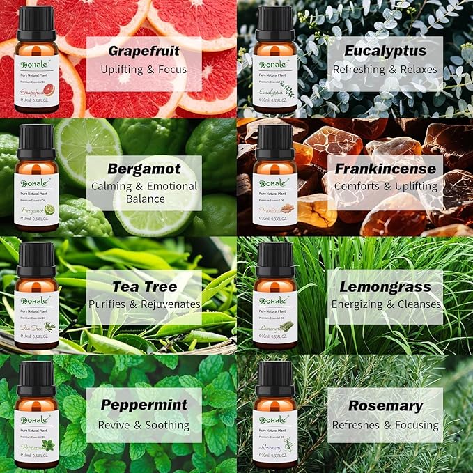 Essential Oils Set Acacia Wood Gift Box - Uplift, Energize, Refresh, Top 8 Aromatherapy Oils for Diffuser Hotel Scent Home Fragrance Candle Making Grapefruit, Peppermint & More 10ml