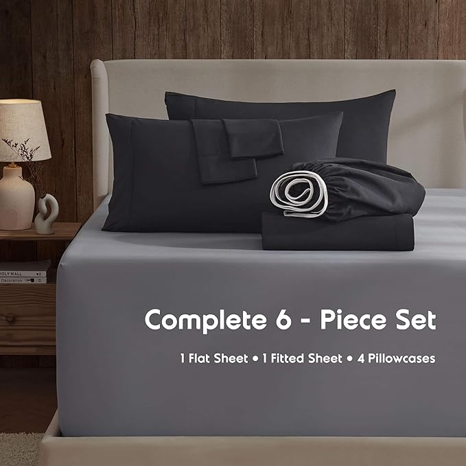 Nestl Extra Deep Full Sheet Set - 6 Piece Breathable & Cooling Sheets - Hotel Luxury Bedding Set w/18-24 Inch Deep Pockets - Easy & Secure Fit - Super Soft, Wrinkle Free & Comfy - Black