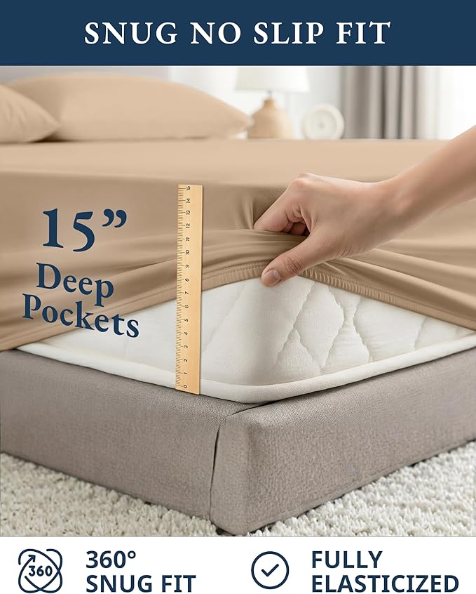 LANE LINEN 100% Organic Cotton California King Sheets Set, 4-Piece Organic Cotton Percale Weave Ultra Soft & Comfy Machine Washable Mercerized Bed Sheets, Fits Mattress Upto 15" Deep - Taupe