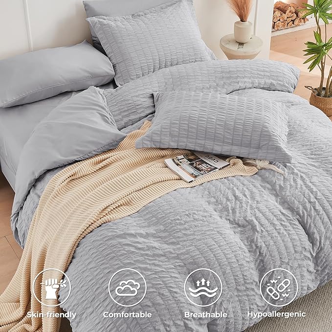 HYMOKEGE Light Grey Oversized King Comforter Set Seersucker 7 Pieces, All Season Luxury Bed in a Bag for Bedroom, Bedding Set with Comforter, Sheets, Pillowcases & Shams