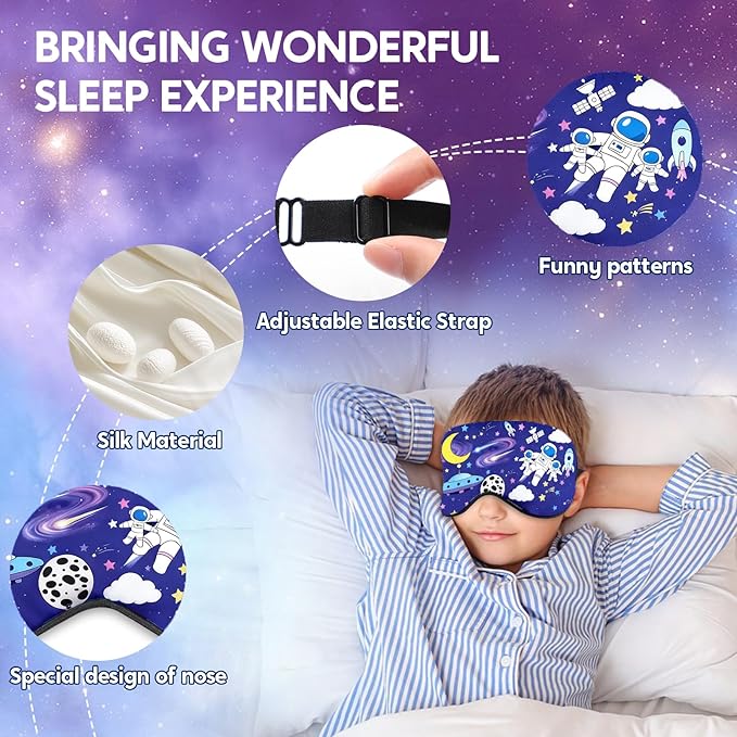 2 Pcs Sleep Mask for Kids Boys, Silk Eye Covers for Sleeping, Adjustable Strap & Light Blocking Design, Children's Bedtime Blindfold for Travel and Home Use (Astronaut)