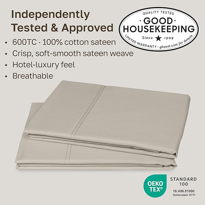 California Design Den Premium Standard/Queen Size Pillow Cases Set of 2-600 Thread Count Sateen, Natural 100% Cotton Pillow Cover, Crisp, Durable Bedding - Soft Linen