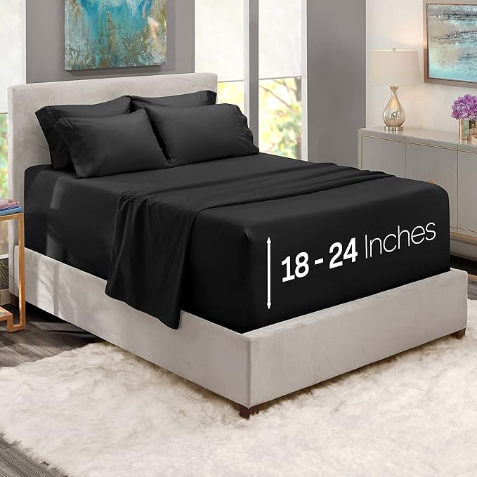 Hearth & Harbor Extra Deep Pocket Sheets - Fits Mattress 18-24 Inches Deep - Extra Deep Pocket Twin XL Sheets Sets - 4 Piece Twin XL Size - Black