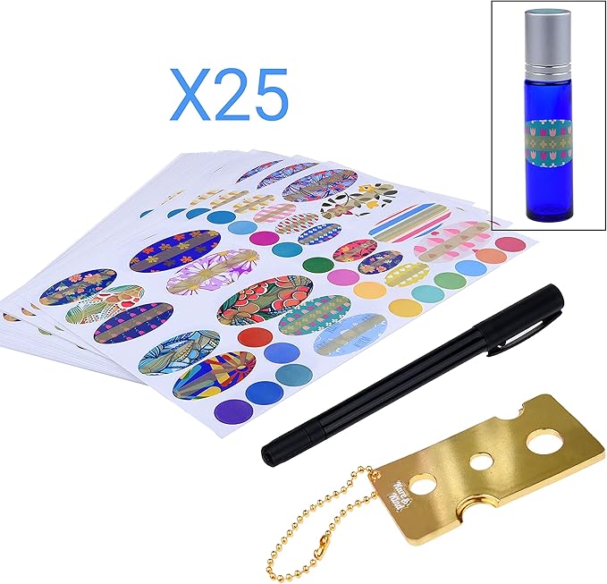 Kare & Kind Essential Oil Bottle Sticker Kit - Includes: 975x Essential Oil Bottle Labels (in 4 Different Sizes), 1x Metal Tool for Opening/Sealing Essential Oil Bottles and 1x Pen for Label Writing