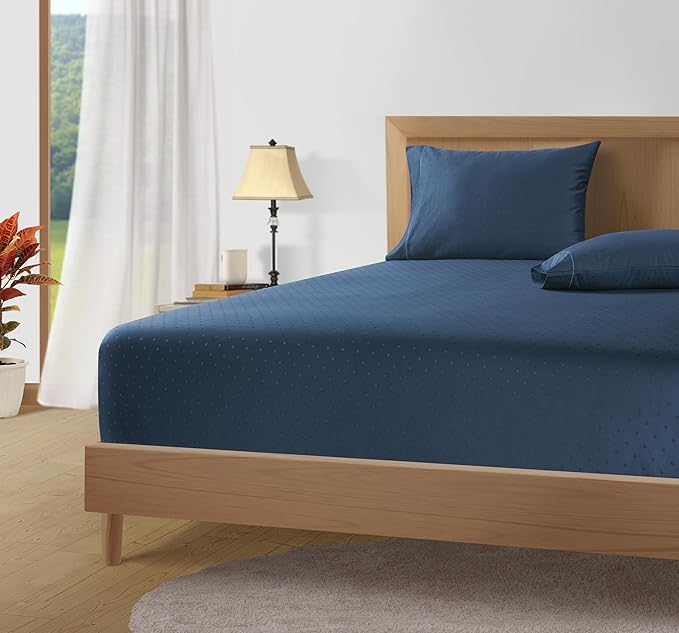 LANE LINEN Pillows Queen Size Set of 2, Soft 100% Egyptian Cotton, Cool & Smooth Pillow Cases - Swiss Dot - Estate Blue