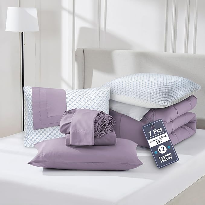 Nestl 9 Piece King Comforter Set – Dusty Purple Reversible Bed in a Bag – Complete King Size Bedding Set with Sheets, Set of 2 Cooling Pillows, Pillowcases and Shams
