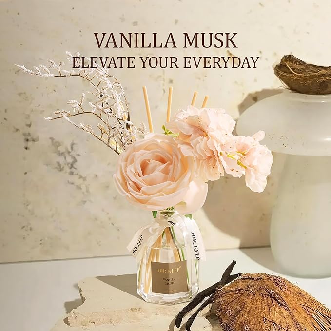 Airkeep Flower Reed Diffuser Set, Vanilla Musk Diffuser Gift Set,4.06 fl oz Essential Oil Sticks Diffusers for Bathroom Air Freshener, Aromatherapy Home Fragrance for Shelf Decor, Gift for Women Mom