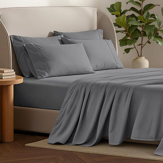 Bare Home Hotel Luxury Cal King Sheet Set, Extra Soft, 6 Piece Set, Deep Pockets, Easy Fit, Cooling & Breathable, Wrinkle, Fade, Stain Resistant, Includes 4 Pillowcases (California King, Grey)