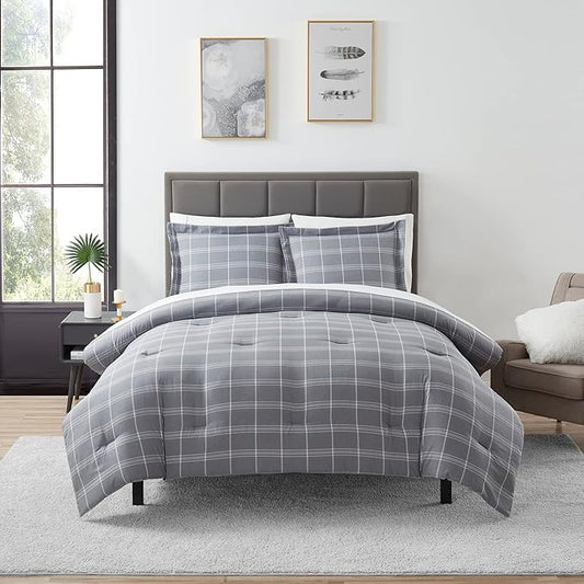 7 Piece Comforter Set Bag Solid Color All Season Soft Down Alternative Blanket & Luxurious Microfiber Bed Sheets, King, Gray Plaid