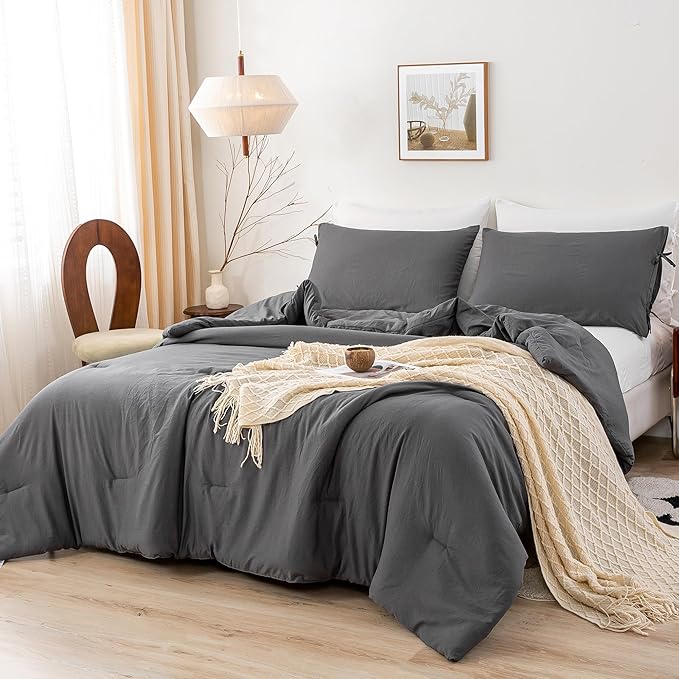 King Bed Comforter Set, Super Soft Washed Polycotton Fabric, Cozy Comfy Down Alternative Bed Blanket 1 Comforter Set & 2 Pillowcase Lightweight but Warm for All Season Use,King Dark Grey