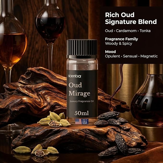 Scentia Oud Mirage Luxury Oud Fragrance Oil for Diffusers – Spicy Woody Home Scent with Cardamom, Sandalwood, Patchouli & Tonka – Aromatherapy Oil for Cold Air, HVAC – 50 ml (1.69 fl oz)