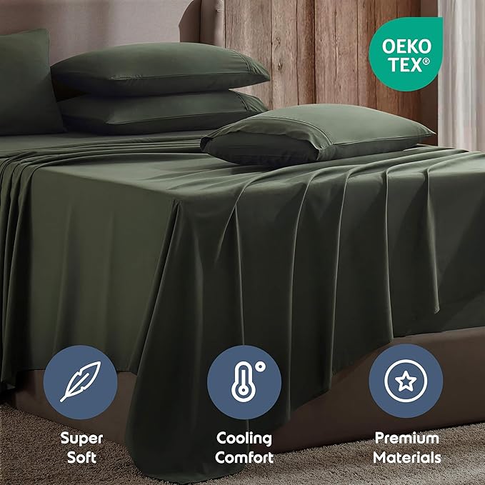 Nestl Extra Deep Twin Sheet Set - 4 Piece Breathable & Cooling Sheets - Hotel Luxury Bedding Set w/18-24 Inch Deep Pockets - Easy & Secure Fit - Super Soft, Wrinkle Free & Comfy - Olive Green
