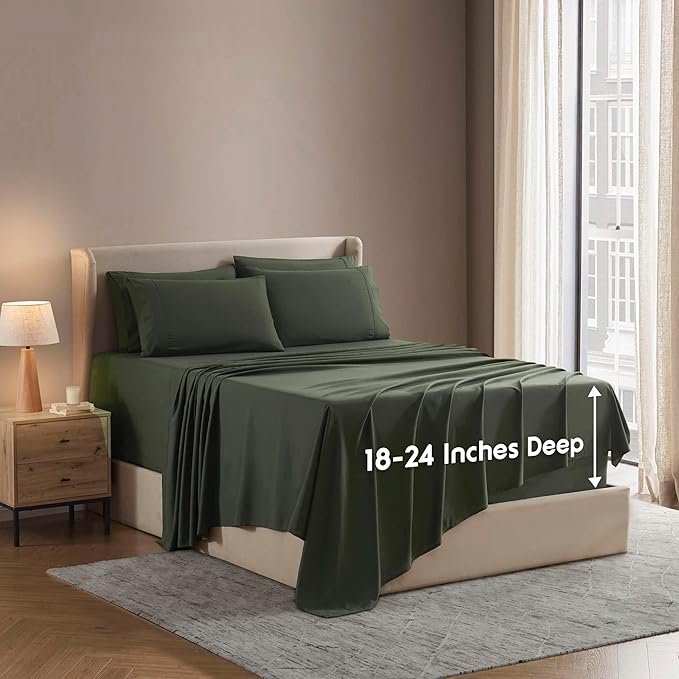 Nestl Extra Deep Twin Sheet Set - 4 Piece Breathable & Cooling Sheets - Hotel Luxury Bedding Set w/18-24 Inch Deep Pockets - Easy & Secure Fit - Super Soft, Wrinkle Free & Comfy - Olive Green