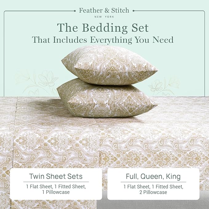 Feather & Stitch Softest 100% Cotton Sheets, 300 Thread Count Percale Weave Bedding, 16" Deep Pocket, Cooling Sheets, Breathable Bed Set, Hotel Premium Quality (King, Ivory Paisley)